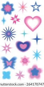 Colorful star and heart shapes in pink and blue. Stars and hearts in vibrant hues. Blue and pink shapes include stars, hearts, and flowers. Bright and cheerful design. Cute glowing element set vector.