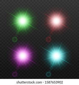 Colorful star light and sparkle set isolated on dark background - green, red, purple and blue light flash shapes with realistic lens flare and sun beams. Vector illustration