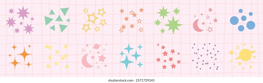 Colorful star and moon patterns on a grid. Stars and moons in pink, blue, green. Vibrant stars, moons, and shapes create a playful, whimsical design. Sparkles element vector set.