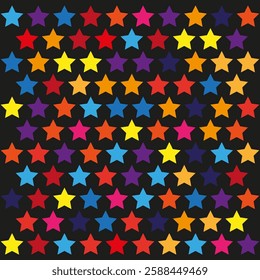 Colorful star pattern. Bright multicolor stars. Dark background contrast. Repeating seamless design.