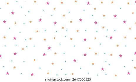 Colorful star pattern on white background. Seamless cute design for kids, baby products, party decorations, fabric, wrapping paper, and playful digital projects.