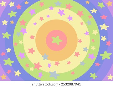 Colorful star pattern with rainbow colored concentric circles in pastel tones and flat vector design