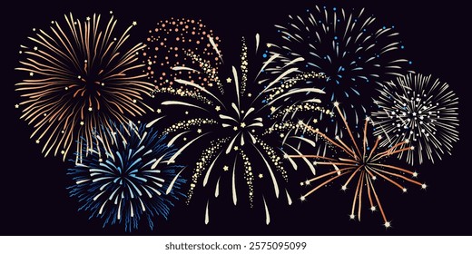 Colorful fireworks set with star patterns, bursts and sparks. Festive celebration concept for New Year, Independence Day, and holiday events. Vector congratulations background