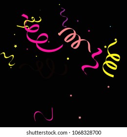 Colorful star ribbon confetti. Fallen vector background. Blue, yellow, purple geometric stars and ribbons explosion for invitation card. New year and christmas celebration template.