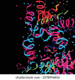 Colorful star ribbon confetti. Fallen glitter vector background. Colorful geometric stars and ribbons explosion for invitation card. New year and christmas celebration template. Fun design.