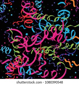 Colorful star ribbon confetti. Fallen glitter vector background. Colorful geometric stars and ribbons explosion for invitation card. New year and christmas celebration template. Fun design.