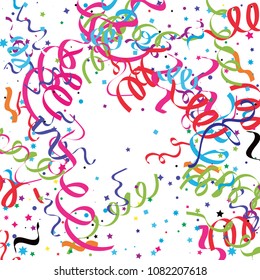 Colorful star ribbon confetti. Fallen glitter vector background. Colorful geometric stars and ribbons explosion for invitation card. New year, christmas, anniversary celebration template. Fun design.