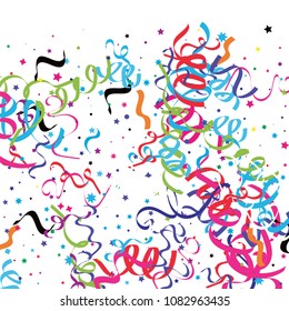 Colorful star ribbon confetti. Fallen glitter vector background. Colorful geometric stars and ribbons explosion for invitation card. New year, christmas, anniversary celebration template. Fun design.