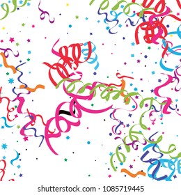 Colorful star ribbon confetti. Fallen glitter vector background. Colorful geometric stars and ribbons explosion for invitation card. New year, christmas, anniversary celebration template. Fun design.
