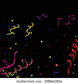 Colorful star ribbon confetti. Fallen vector background. Blue, yellow, purple geometric stars and ribbons explosion for invitation card. New year and christmas celebration template.