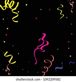 Colorful star ribbon confetti. Fallen vector background. Blue, yellow, purple geometric stars and ribbons explosion for invitation card. New year and christmas celebration template.