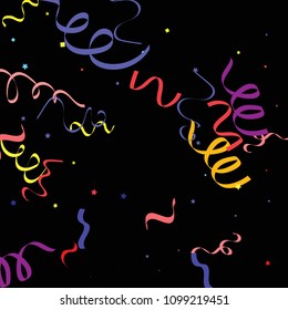 Colorful star ribbon confetti. Fallen glitter vector background. Colorful geometric stars and ribbons explosion for invitation card. New year and christmas celebration template. Fun design.