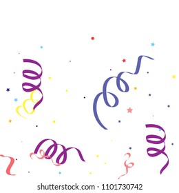 Colorful star ribbon confetti. Fallen glitter vector background. Colorful geometric stars and ribbons explosion for invitation card. Abstract anniversary, new year, celebration template. Fun design.
