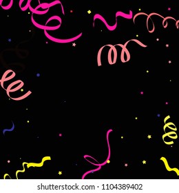 Colorful star ribbon confetti. Fallen vector background. Blue, yellow, purple geometric stars and ribbons explosion for invitation card. New year and christmas celebration template.