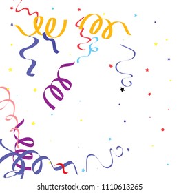 Colorful star ribbon confetti. Fallen glitter vector background. Colorful geometric stars and ribbons explosion for invitation card. Abstract anniversary, new year, celebration template. Fun design.