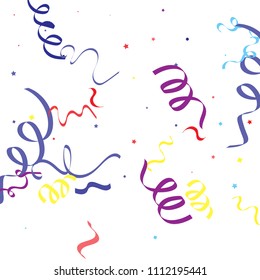Colorful star ribbon confetti. Fallen glitter vector background. Colorful geometric stars and ribbons explosion for invitation card. Abstract anniversary, new year, celebration template. Fun design.