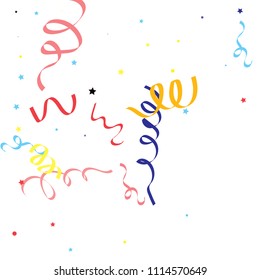Colorful star ribbon confetti. Fallen glitter vector background. Colorful geometric stars and ribbons explosion for invitation card. Abstract anniversary, new year, celebration template. Fun design.