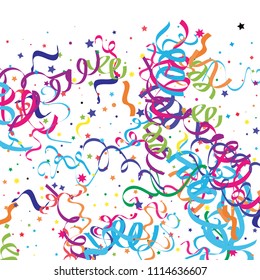 Colorful star ribbon confetti. Fallen glitter background. Geometric stars and ribbons explosion for invitation card. New year, christmas, anniversary celebration template. Abstract design vector.