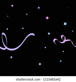 Colorful star ribbon confetti. Fallen glitter vector background. Colorful geometric stars and ribbons explosion for invitation card. Anniversary, birthday, celebration template. Fun abstract design.