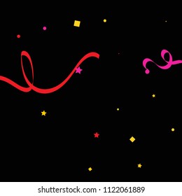 Colorful star ribbon confetti. Fallen glitter vector background. Colorful geometric stars and ribbons explosion for invitation card. New year, anniversary, party celebration template. Abstract design.