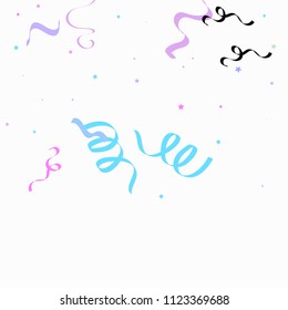 Colorful star ribbon confetti. Fallen glitter vector background. Holographic stars and ribbons explosion for invitation card. New year, christmas, anniversary celebration template. Fun design.