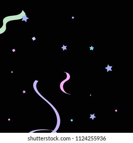 Colorful star ribbon confetti. Fallen glitter vector background. Colorful geometric stars and ribbons explosion for invitation card. Anniversary, birthday, celebration template. Fun abstract design.