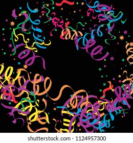 Colorful star ribbon confetti. Fallen vector background. Blue, yellow, purple geometric stars and ribbons explosion for invitation card. New year and christmas celebration template.