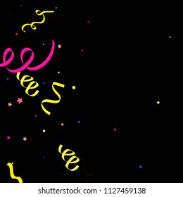Colorful star ribbon confetti. Fallen vector background. Blue, yellow, purple geometric stars and ribbons explosion for invitation card. New year and christmas celebration template.
