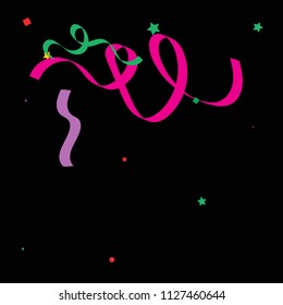 Colorful star ribbon confetti. Fallen vector background. Blue, yellow, purple geometric stars and ribbons explosion for invitation card. New year and christmas celebration template.