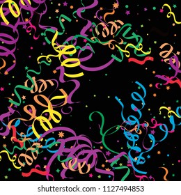 Colorful star ribbon confetti. Fallen vector background. Blue, yellow, purple geometric stars and ribbons explosion for invitation card. New year and christmas celebration template.