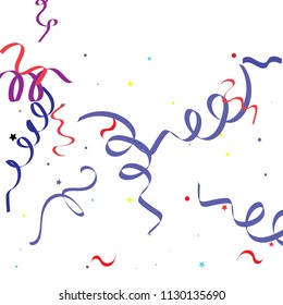 Colorful star ribbon confetti. Fallen glitter vector background. Colorful geometric stars and ribbons explosion for invitation card. Abstract anniversary, new year, celebration template. Fun design.