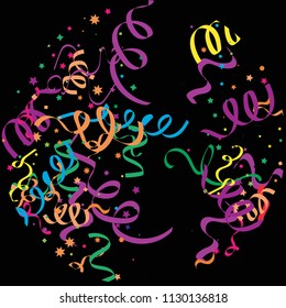 Colorful star ribbon confetti. Fallen vector background. Blue, yellow, purple geometric stars and ribbons explosion for invitation card. New year and christmas celebration template.