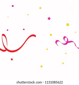 Colorful star ribbon confetti. Fallen glitter background. Geometric stars and ribbons explosion for invitation card. New year, christmas, anniversary celebration template. Abstract design vector.