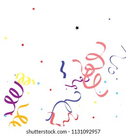 Colorful star ribbon confetti. Fallen glitter vector background. Colorful geometric stars and ribbons explosion for invitation card. Abstract anniversary, new year, celebration template. Fun design.