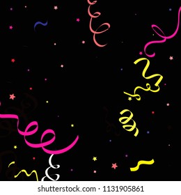 Colorful star ribbon confetti. Fallen vector background. Blue, yellow, purple geometric stars and ribbons explosion for invitation card. New year and christmas celebration template.