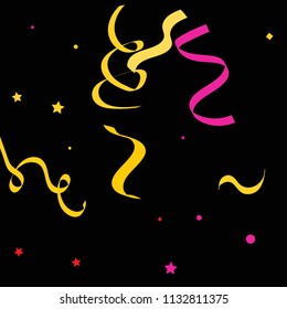 Colorful star ribbon confetti. Fallen glitter vector background. Colorful geometric stars and ribbons explosion for invitation card. New year, anniversary, party celebration template. Abstract design.