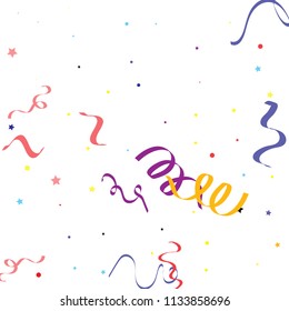 Colorful star ribbon confetti. Fallen glitter vector background. Colorful geometric stars and ribbons explosion for invitation card. Abstract anniversary, new year, celebration template. Fun design.