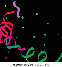 Colorful star ribbon confetti. Fallen vector background. Blue, yellow, purple geometric stars and ribbons explosion for invitation card. New year and christmas celebration template.