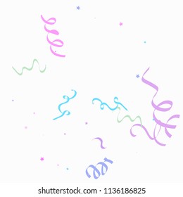 Colorful star ribbon confetti. Fallen glitter vector background. Holographic stars and ribbons explosion for invitation card. New year, christmas, anniversary celebration template. Fun design.