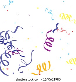 Colorful star ribbon confetti. Fallen glitter vector background. Colorful geometric stars and ribbons explosion for invitation card. Abstract anniversary, new year, celebration template. Fun design.