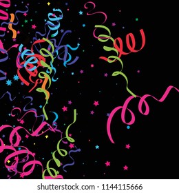 Colorful star ribbon confetti. Fallen glitter vector background. Colorful geometric stars and ribbons explosion for invitation card. New year and christmas celebration template. Fun design.