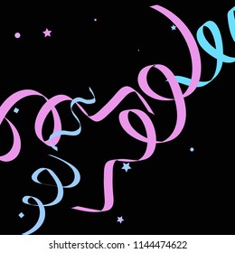 Colorful star ribbon confetti. Fallen glitter vector background. Colorful geometric stars and ribbons explosion for invitation card. Anniversary, birthday, celebration template. Fun abstract design.