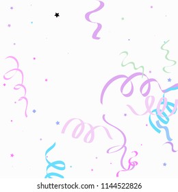 Colorful star ribbon confetti. Fallen glitter vector background. Holographic stars and ribbons explosion for invitation card. New year, christmas, anniversary celebration template. Fun design.