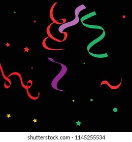 Colorful star ribbon confetti. Fallen vector background. Blue, yellow, purple geometric stars and ribbons explosion for invitation card. New year and christmas celebration template.