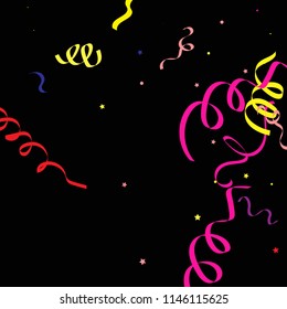 Colorful star ribbon confetti. Fallen vector background. Blue, yellow, purple geometric stars and ribbons explosion for invitation card. New year and christmas celebration template.