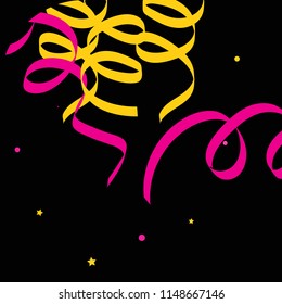 Colorful star ribbon confetti. Fallen glitter vector background. Colorful geometric stars and ribbons explosion for invitation card. New year, anniversary, party celebration template. Abstract design.
