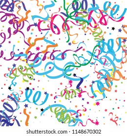 Colorful star ribbon confetti. Fallen glitter background. Geometric stars and ribbons explosion for invitation card. New year, christmas, anniversary celebration template. Abstract design vector.