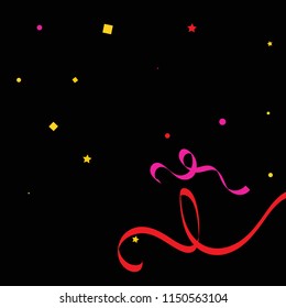 Colorful star ribbon confetti. Fallen glitter vector background. Colorful geometric stars and ribbons explosion for invitation card. New year, anniversary, party celebration template. Abstract design.