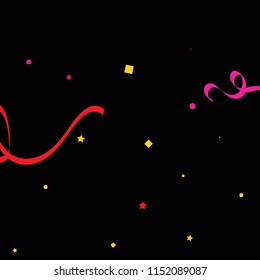 Colorful star ribbon confetti. Fallen glitter vector background. Colorful geometric stars and ribbons explosion for invitation card. New year, anniversary, party celebration template. Abstract design.
