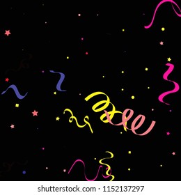 Colorful star ribbon confetti. Fallen vector background. Blue, yellow, purple geometric stars and ribbons explosion for invitation card. New year and christmas celebration template.